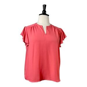 Investments Petite Popover Top Flutter Sleeve Split Neck Coral Pink Women’s XLP